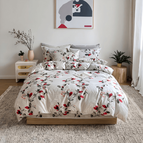 Queen size 6 - piece modern duvet cover set with red leaf. - BusDeals