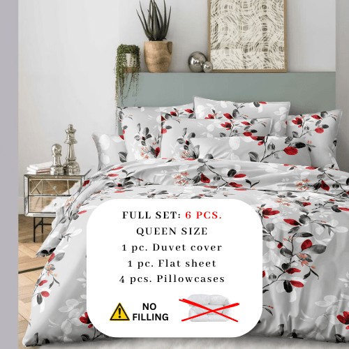 Queen size 6 - piece modern duvet cover set with red leaf pattern. - BusDeals