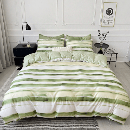 Queen size, 6 - piece, reversible duvet cover set featuring a striped design in a vibrant green color. - BusDeals
