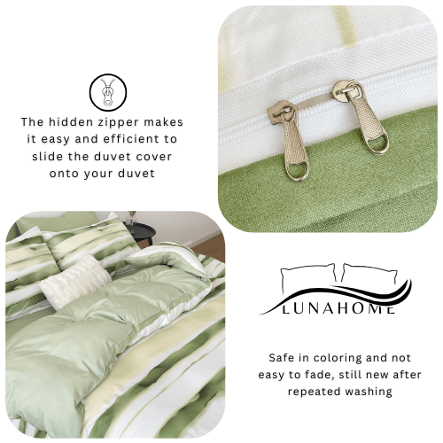 Queen size, 6 - piece, reversible duvet cover set featuring a striped design in a vibrant green color. - BusDeals