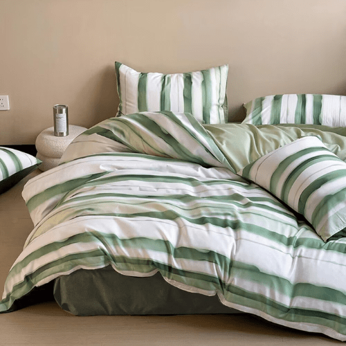 Queen size, 6 - piece, reversible duvet cover set featuring a striped design in a vibrant green color. - BusDeals