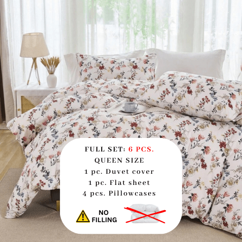 Queen size 6 - piece trendy red floral duvet cover set, white color. - BusDeals