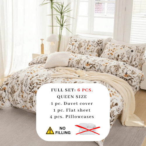 Queen size 6 pieces bedding set, featuring a beautiful orange and brown floral design. - BusDeals
