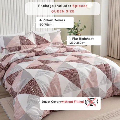 Queen size 6 pieces bedding set, Simply geometric print, old rose with grey. - BusDeals