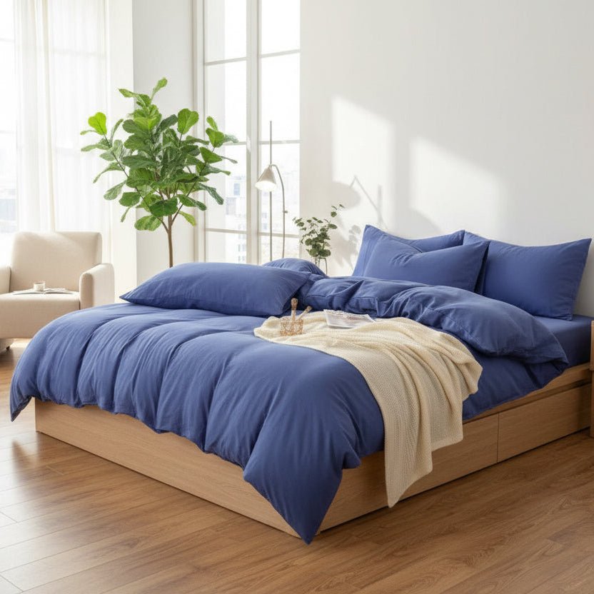 Queen size 6 Pieces bedding Set, Super Soft Wrinkles fabric Washable Cotton, Blue Color. - BusDeals