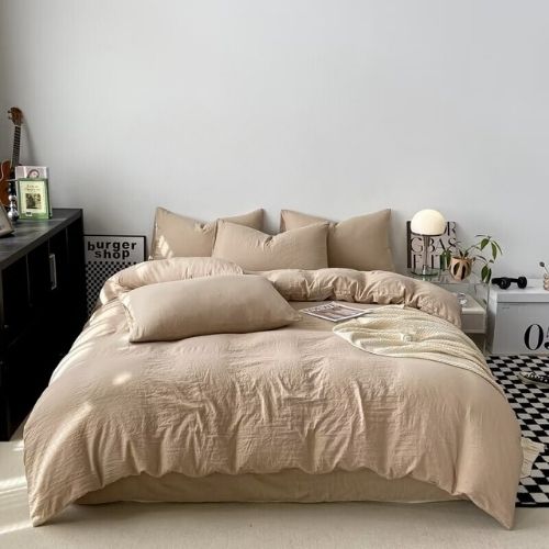Queen size 6 Pieces bedding Set, Washable Cotton Beige Color. - BusDeals