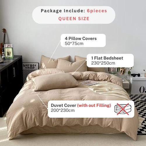 Queen size 6 Pieces bedding Set, Washable Cotton Beige Color. - BusDeals