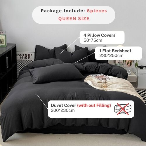 Queen size 6 Pieces bedding Set, Washable Cotton Black Color. - BusDeals