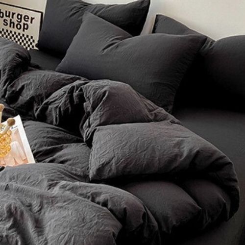 Queen size 6 Pieces bedding Set, Washable Cotton Black Color. - BusDeals
