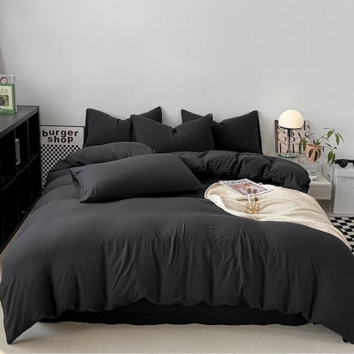 Queen size 6 Pieces bedding Set, Washable Cotton Black Color. - BusDeals