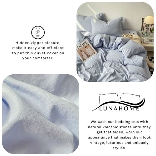 Queen size 6 Pieces bedding Set, Washable Cotton Light Blue Color. - BusDeals