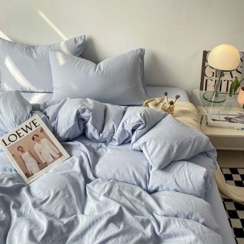 Queen size 6 Pieces bedding Set, Washable Cotton Light Blue Color. - BusDeals