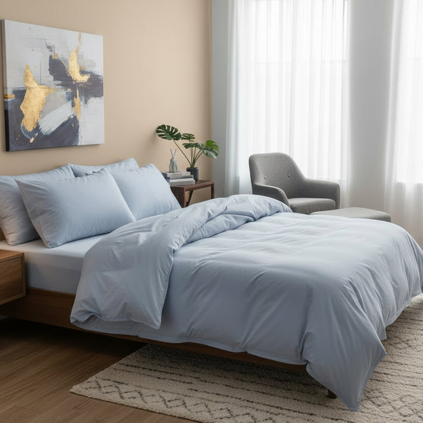 Queen size 6 Pieces bedding Set, Washable Cotton Light Blue Color. - BusDeals