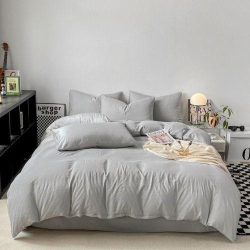Queen size 6 Pieces bedding Set, Washable Cotton Light Grey Color. - BusDeals