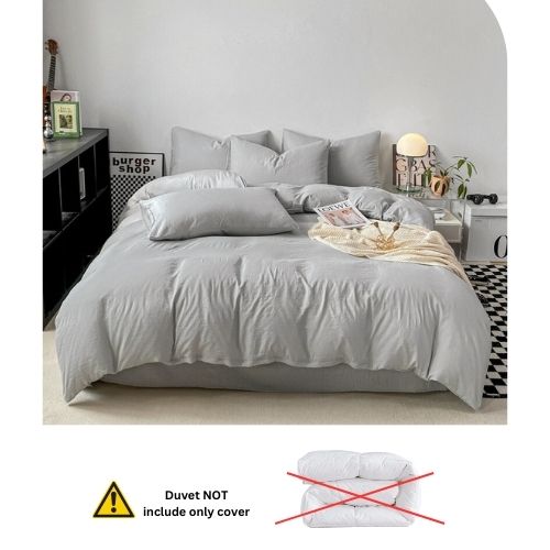 Queen size 6 Pieces bedding Set, Washable Cotton Light Grey Color. - BusDeals