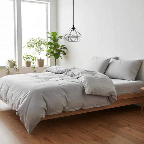 Queen size 6 Pieces bedding Set, Washable Cotton Light Grey Color. - BusDeals