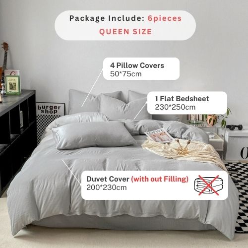 Queen size 6 Pieces bedding Set, Washable Cotton Light Grey Color. - BusDeals