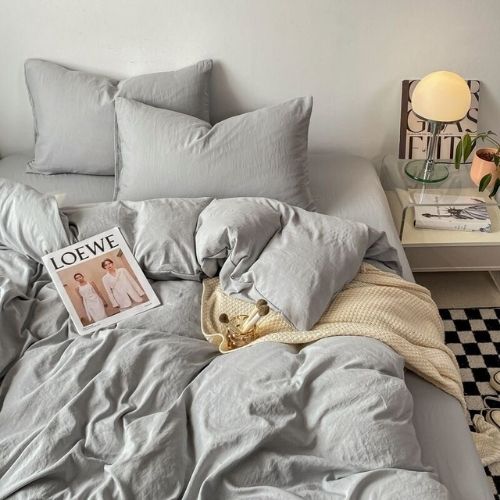 Queen size 6 Pieces bedding Set, Washable Cotton Light Grey Color. - BusDeals