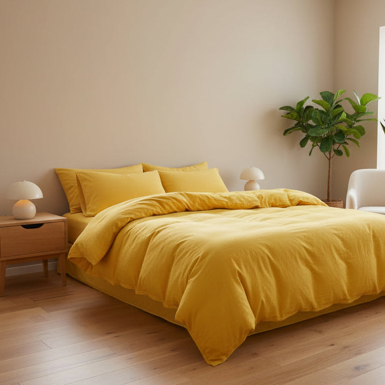 Queen size 6 Pieces bedding Set, Washable Cotton Yellow Color. - BusDeals