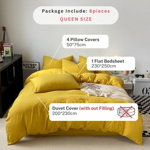 Queen size 6 Pieces bedding Set, Washable Cotton Yellow Color. - BusDeals