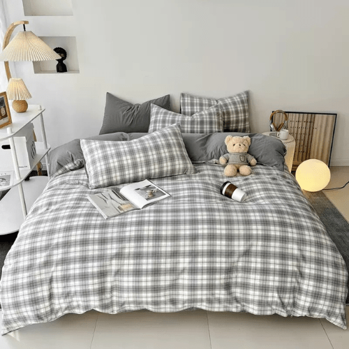 Queen Size 6 Pieces complete, Grey Checkered Design Bedding set. - BusDeals