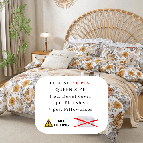 Queen size 6 pieces duvet cover set, brown floral pattern, boho style. - BusDeals