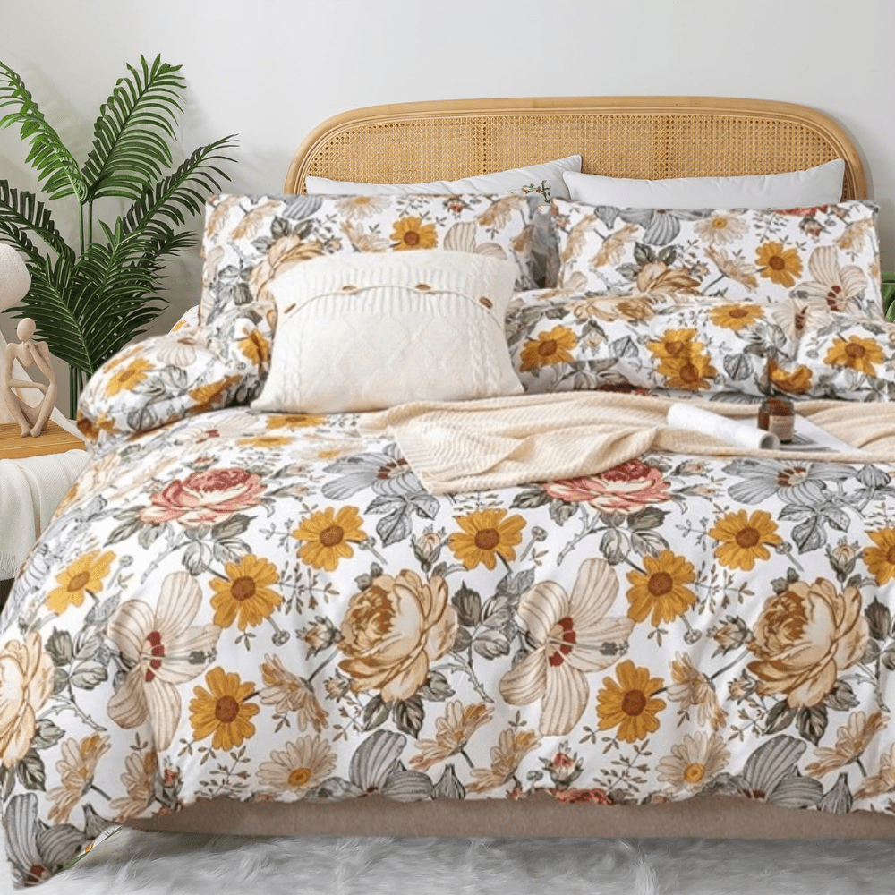 Queen size 6 pieces duvet cover set, brown floral pattern, boho style. - BusDeals