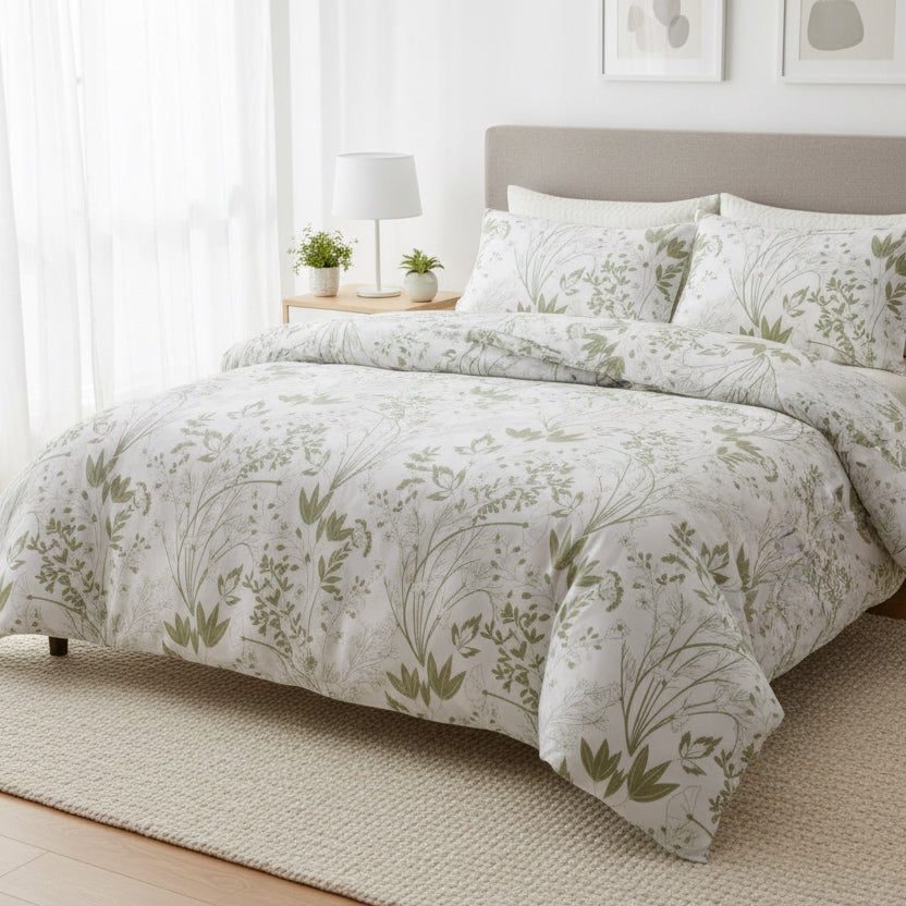 Queen size 6 pieces, duvet cover set, green plant leaf design. - BusDeals