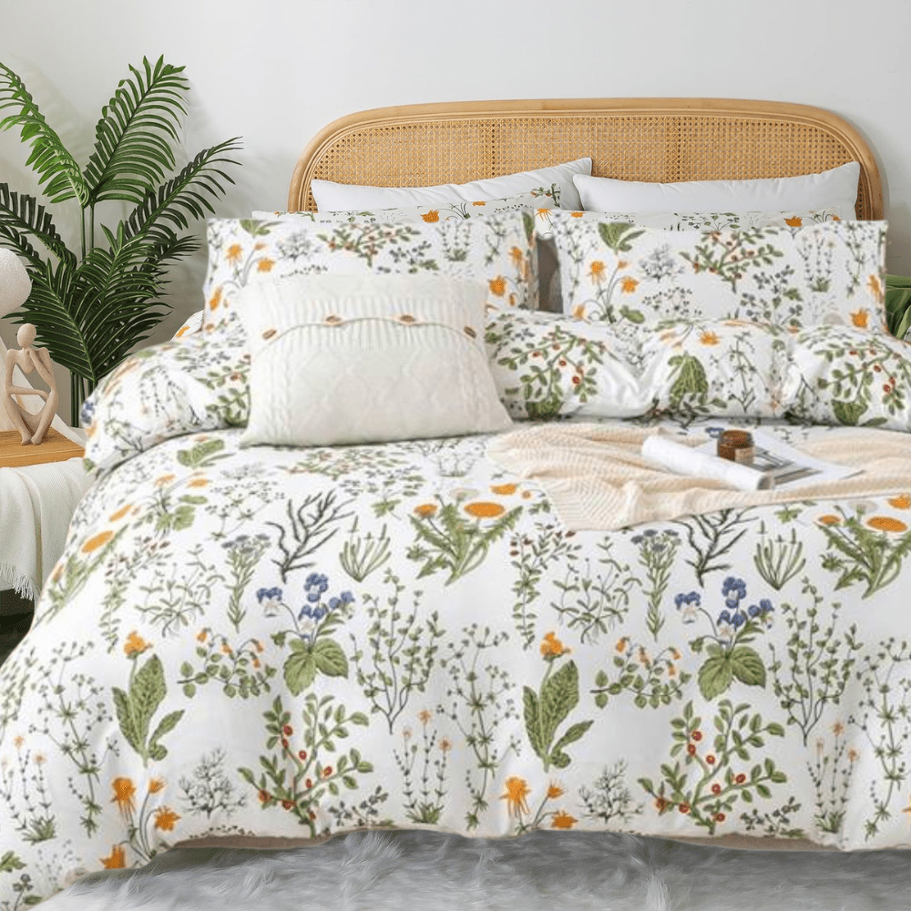 Queen size 6 pieces duvet cover set, plant pattern with yellow floral design. - BusDeals