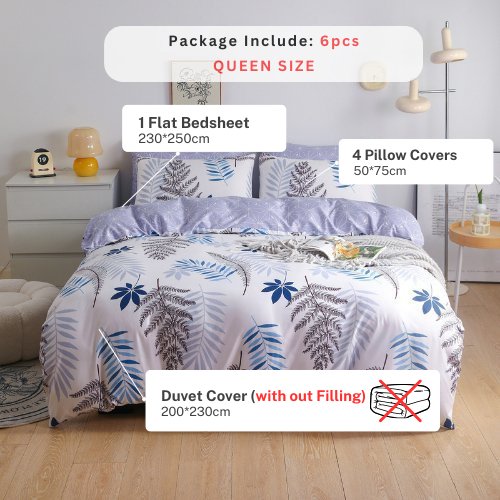 Queen size 6 pieces, Reversible Duvet Cover Set, with a Lovely Leaf Design. - BusDeals