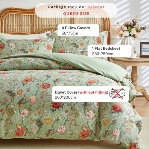 Queen Size 6 Pieces, Reversible Style Duvet Cover Set, Roses Design with Dark Khaki Color - BusDeals