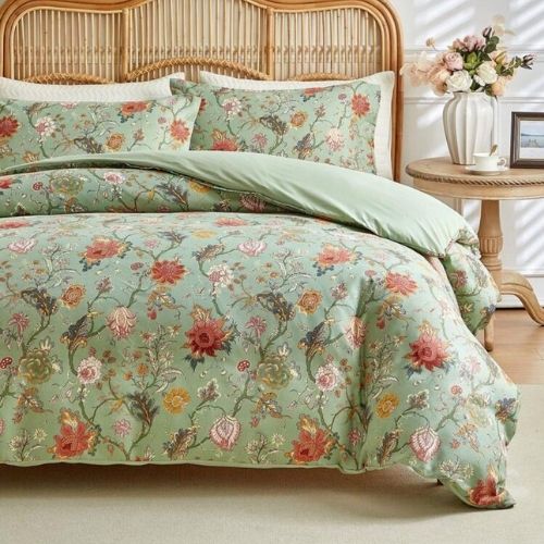 Queen Size 6 Pieces, Reversible Style Duvet Cover Set, Roses Design with Dark Khaki Color - BusDeals