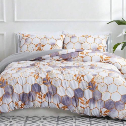Queen size 6 pieces, White with Purple Marble Design Bedding set. - BusDeals