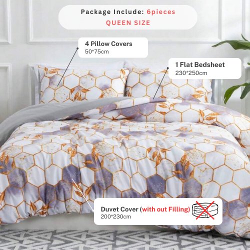 Queen size 6 pieces, White with Purple Marble Design Bedding set. - BusDeals