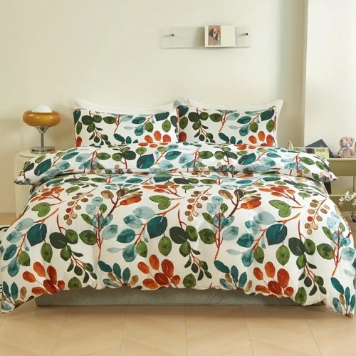 Queen size Bedding Set without filler 6 pieces , Green Color Leaves Design - BusDeals