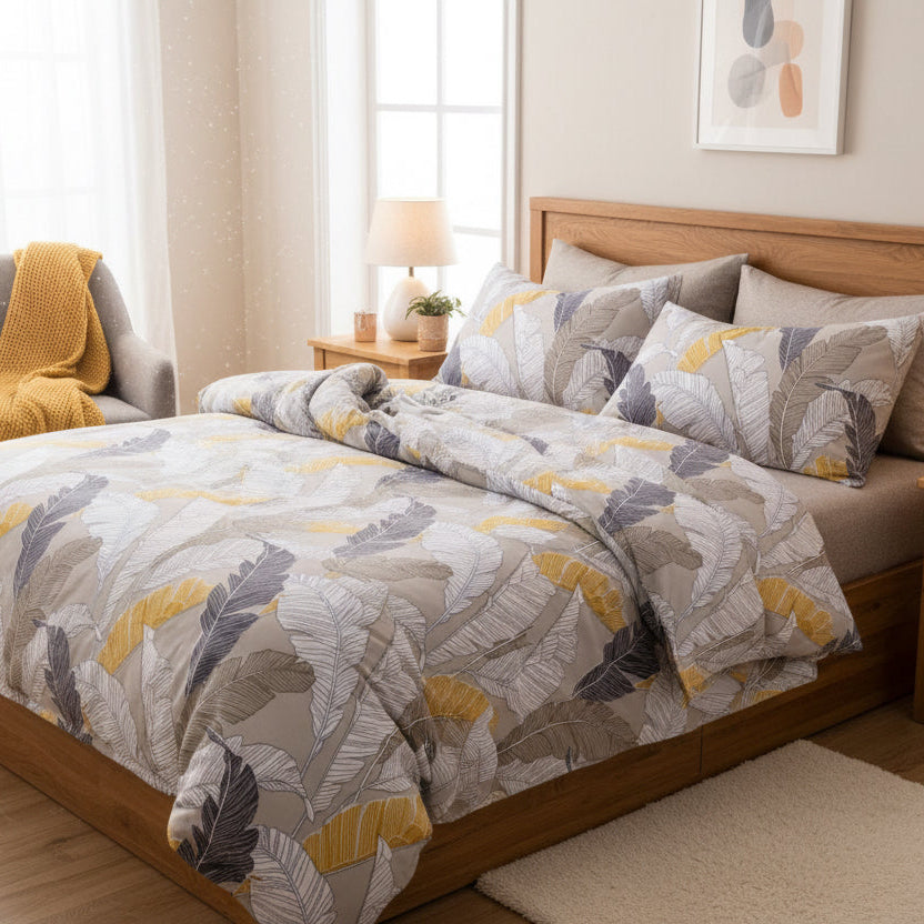 Queen/Double size 6 pieces Bedding Set without filler, Beautiful Leaves Design - BusDeals