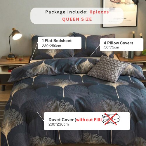Queen/Double size 6 pieces Bedding Set without filler , Elegant Leaves Design - BusDeals