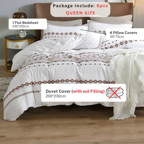 Queen/Double Size 6 Pieces Bedding Set Without Filler, White Color Simple Elegant Design - BusDeals