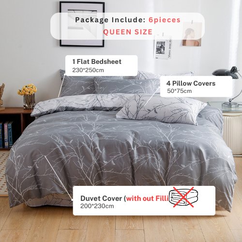 Queen/Double size 6 pieces, Reversible Design Grey and White Sakura Duvet cover without filler. - BusDeals