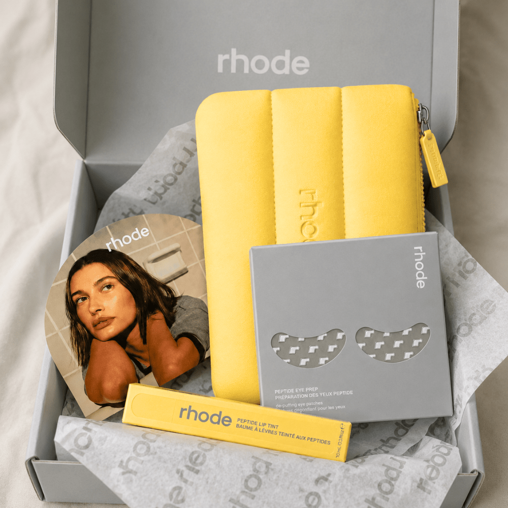 Rhode Summer Travel Kit with Peptide Eye Patches 6 sets on one box, Peptide Lip Tint Lomontini, with Free Yellow Pouch - BusDeals
