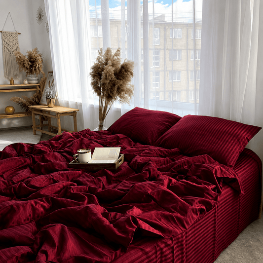 Satin Stripped King Size 6 Pieces Bedding Set, Solid Berry Red. - BusDeals