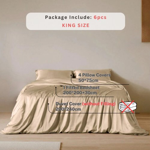 Silky Satin, King Size 6 - Piece Bedding Set, Plain Beige Color. - BusDeals