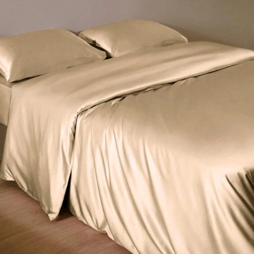 Silky Satin, King Size 6 - Piece Bedding Set, Plain Beige Color. - BusDeals