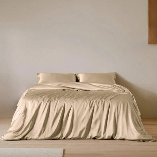 Silky Satin, King Size 6 - Piece Bedding Set, Plain Beige Color. - BusDeals