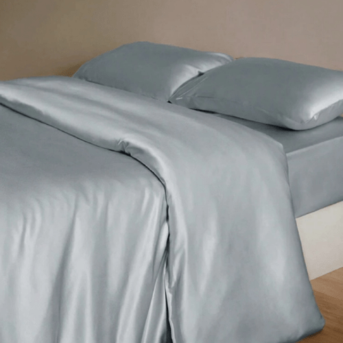 Silky Satin, King Size 6 - Piece Bedding Set, Plain Silver Gray Color. - BusDeals