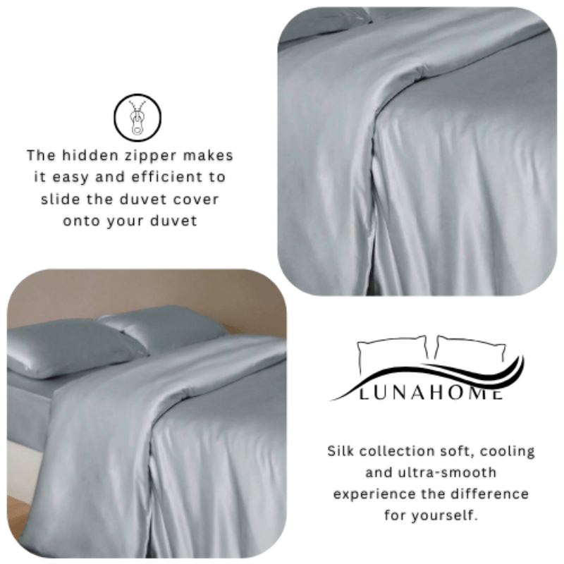 Silky Satin, King Size 6 - Piece Bedding Set, Plain Silver Gray Color. - BusDeals