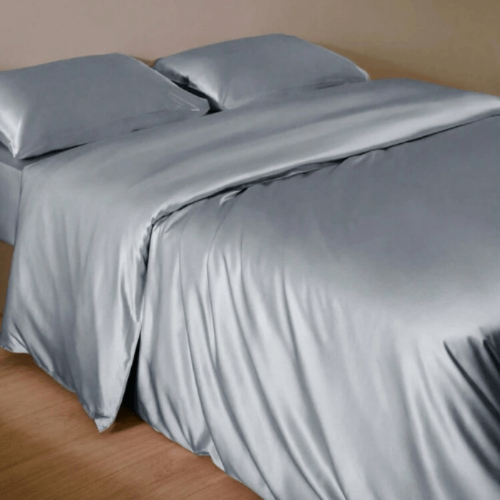 Silky Satin, King Size 6 - Piece Bedding Set, Plain Silver Gray Color. - BusDeals