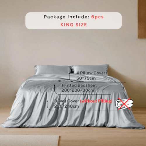 Silky Satin, King Size 6 - Piece Bedding Set, Plain Silver Gray Color. - BusDeals