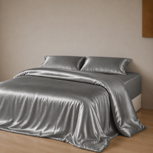 Silky Satin, King Size 6 - Piece Bedding Set, Plain Silver Medium Gray Color. - BusDeals