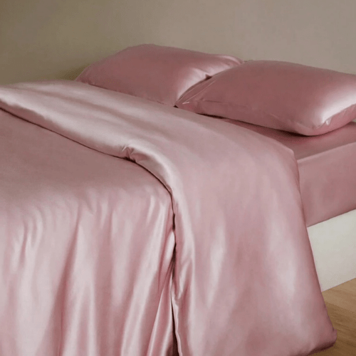 Silky Satin, King Size 6 - Piece Duvet Cover Set, Plain Pink Color. - BusDeals